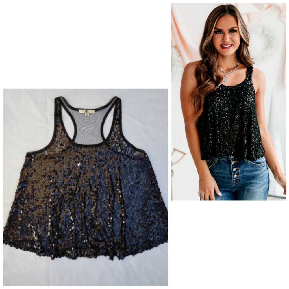Ya Los Angeles Black Sequin Tank Top Sheer Party Casual Sexy Summer 90's Y2K Fun